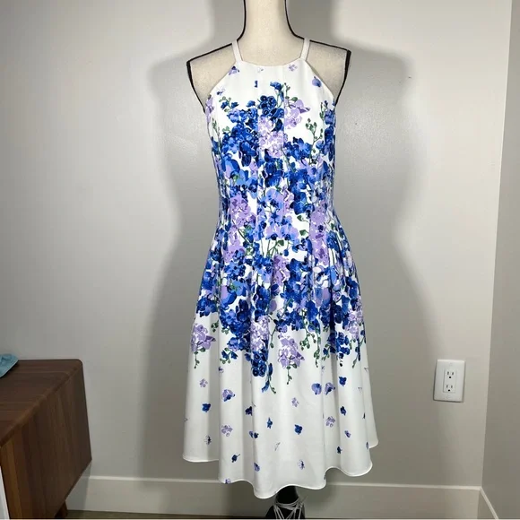 Adrianna Papell | Dresses | Adrianna Papell White Blue Floral Halter Neck  Fit And Flare Sleeveless Dress | Poshmark